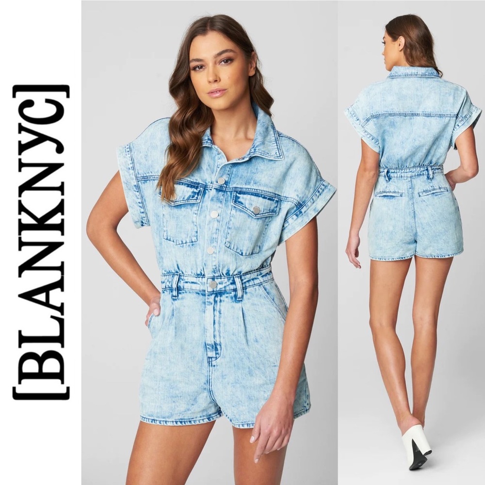 Blank NYC Head Backstage Light Wash Denim Short Sleeve Romper